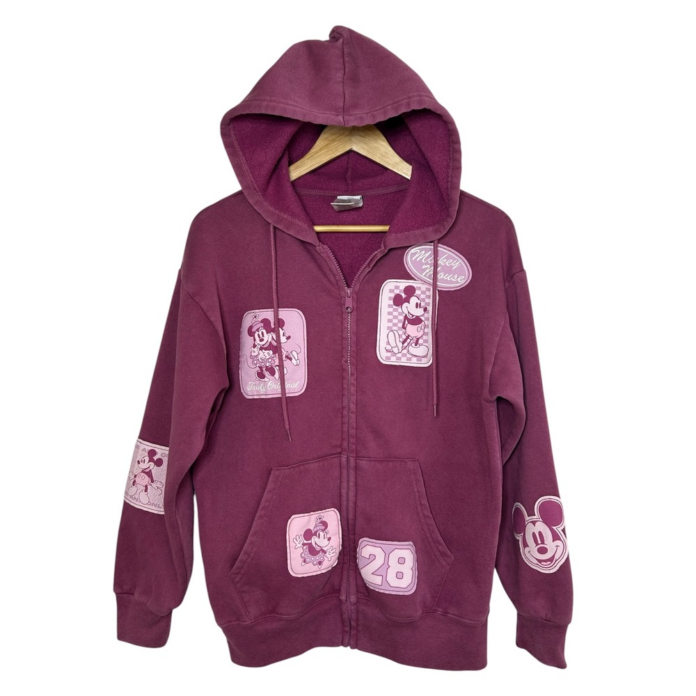 Disney Cotton Blend Mauve Wash Mickey Mouse Minnie Patches Full Zipper Hoodie XS